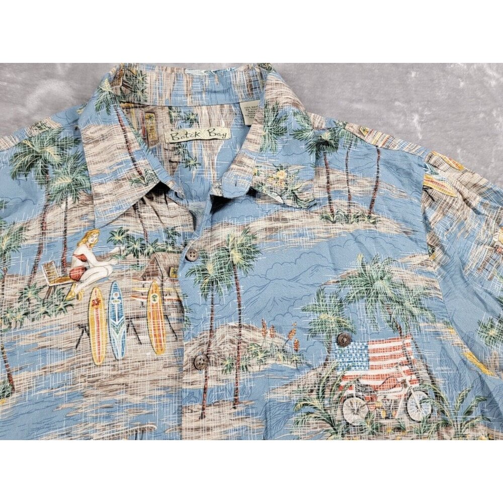 Batik Bay Shirt Mens Large Short‎ Sleeve Blue USA Island Surf Palms Motorcycle